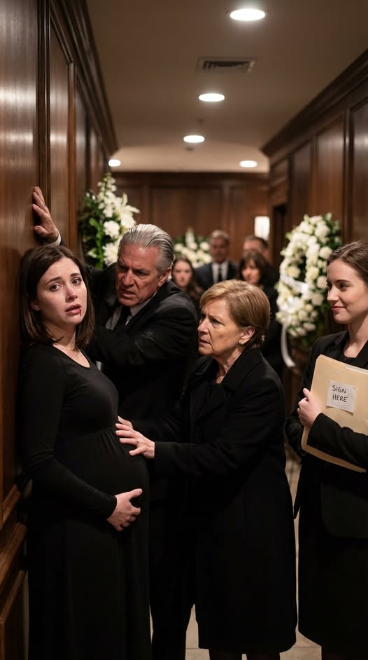 My mother-in-law shoved a folder into my hands between the funeral wreaths—“Sign the house and car over to Lydia”—and when I refused, her husband slammed me into the wall like my grief didn’t count. With blood in my mouth and one hand protecting my 8-week belly, I made one call… and the family’s “perfect” empire started collapsing before the casket even left the room.