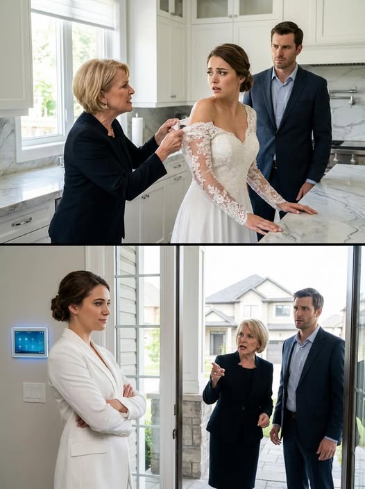 When my mother-in-law tore my white dress in the middle of my kitchen, she screamed, “My son pays for everything in this house!” My husband stood beside her and said nothing.