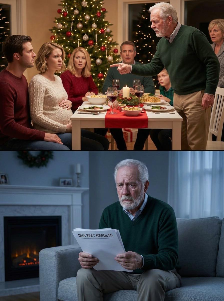 On Christmas night, I held my husband’s hand and whispered, “I’m going to be a mother.” The whole table went silent. My father-in-law jumped up and pointed at me: “You and that child do not belong in this family!” I didn’t cry. I simply placed a gift in front of him and said, “Then open this after I’m gone…”
