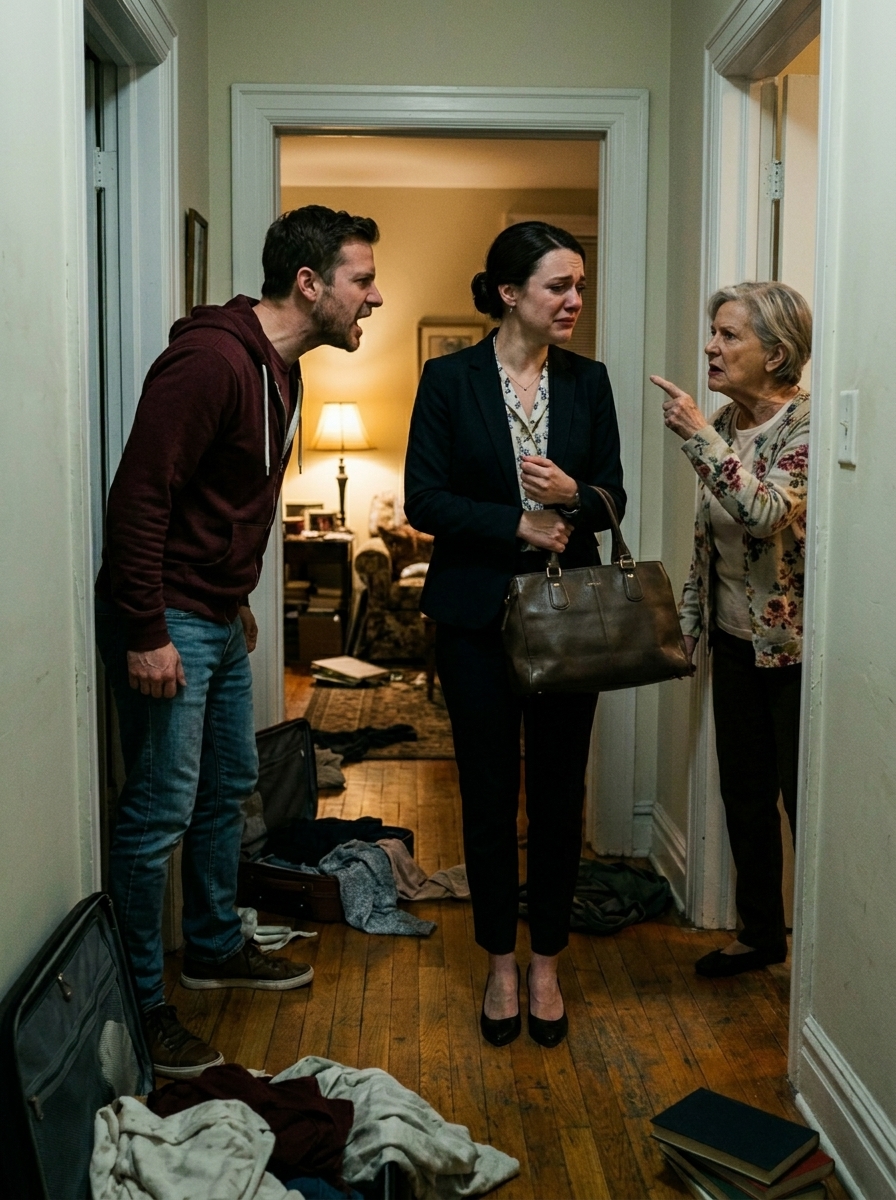 “Just shut your mouth and stay out of men’s business!” my husband snapped as he dragged my things into the hallway. He was setting up a couch in our bedroom for his brother, acting like my own home no longer belonged to me. But the moment my mother walked into the apartment, his so-called “men’s business” came to an end…
