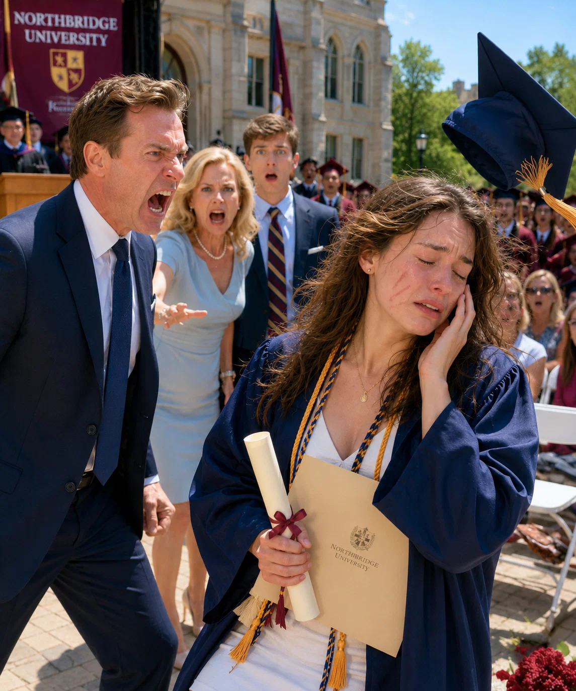 At my graduation ceremony, my father stru:ck me so hard my cap dropped to the ground. My mother shouted, “You’re nothing but a failure in a graduation robe!” Everyone thought I would break down right there, but instead, I picked up my diploma, walked to the microphone, and exposed the secret my family had kept buried for four years.