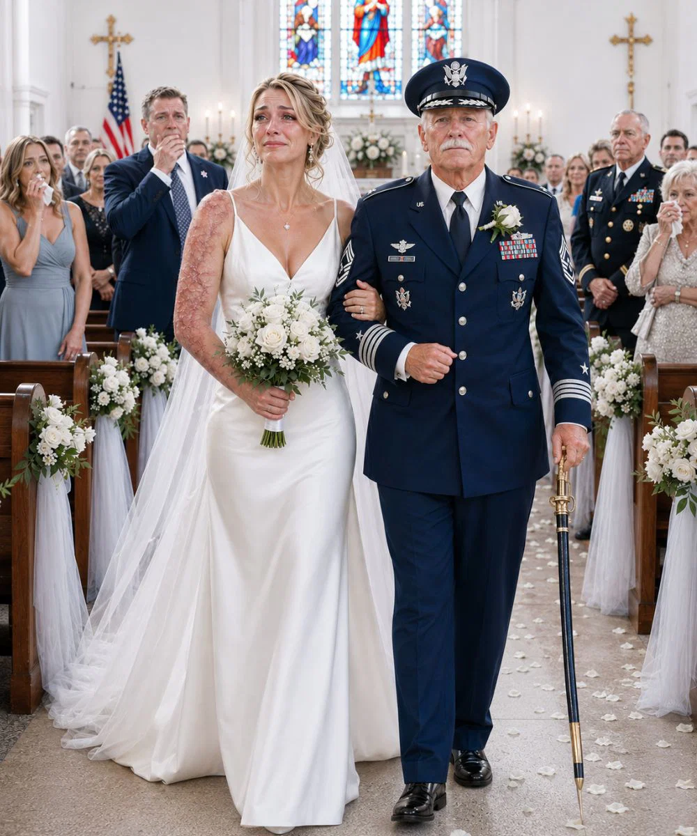 My father saw my scars and refused to walk me down the aisle. As I held back tears, a four-star Navy admiral entered, offered his arm, and said, “I know exactly how you earned them, Lieutenant.”